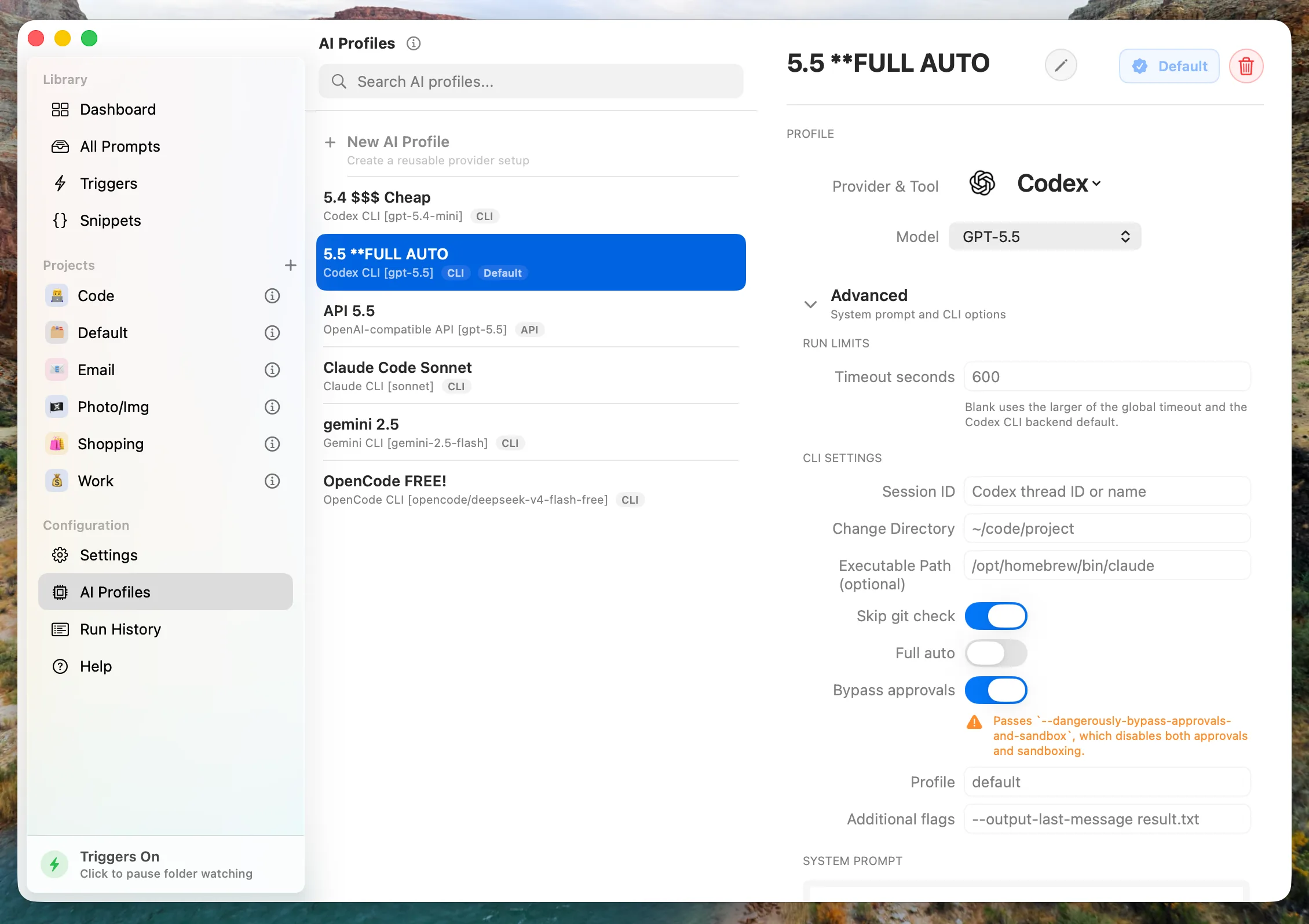 AI profiles screen in the OtterPrompt app