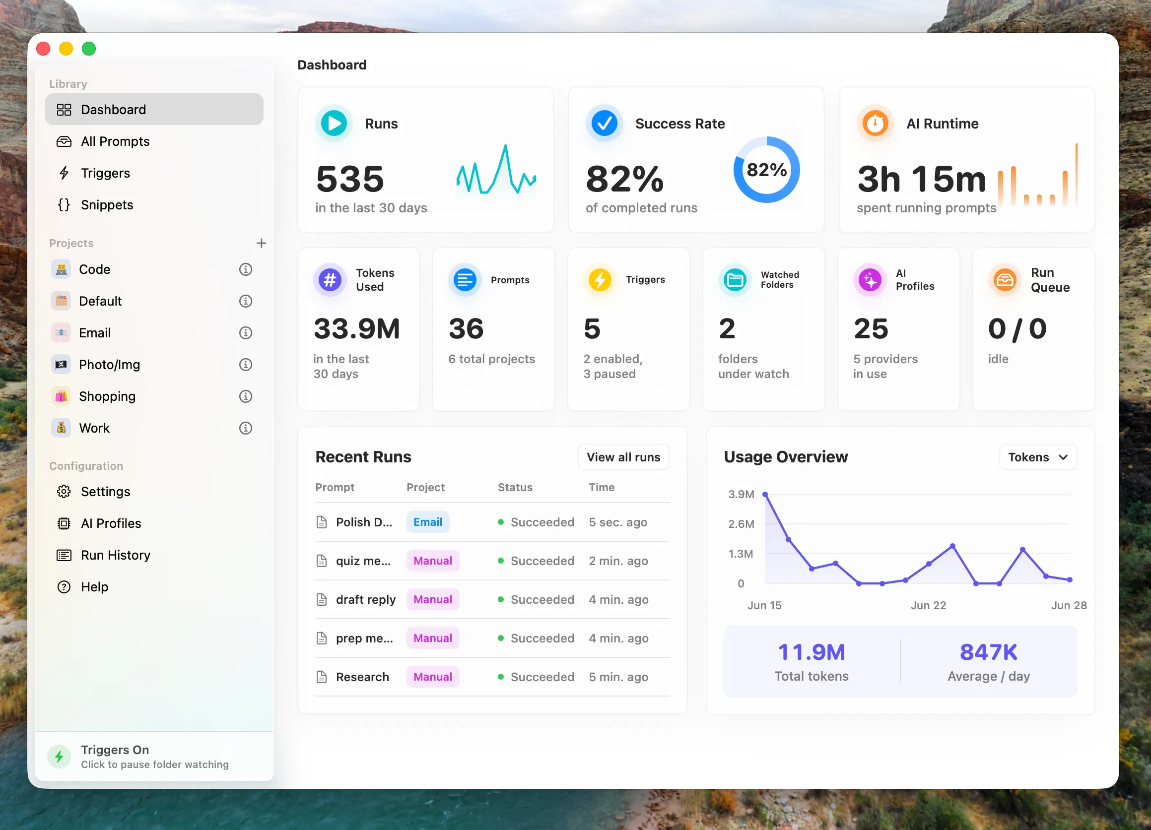 Dashboard screen in the OtterPrompt app