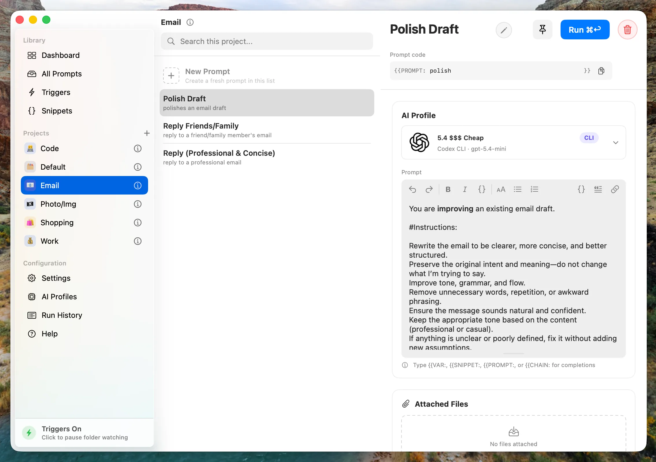 Prompt workspace screen in the OtterPrompt app