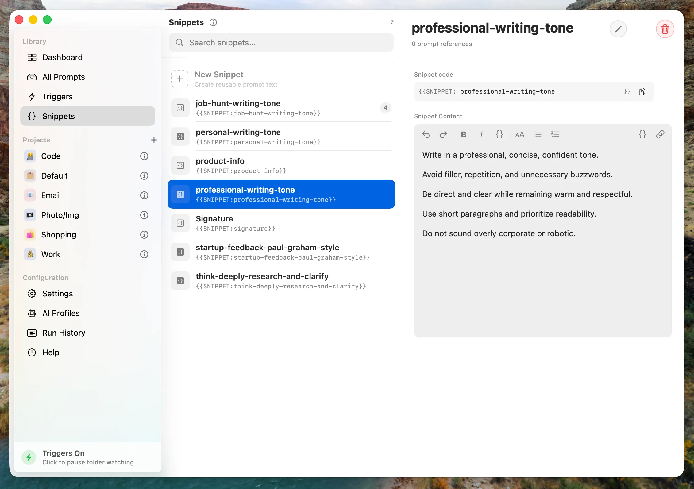 Snippets screen in the OtterPrompt app