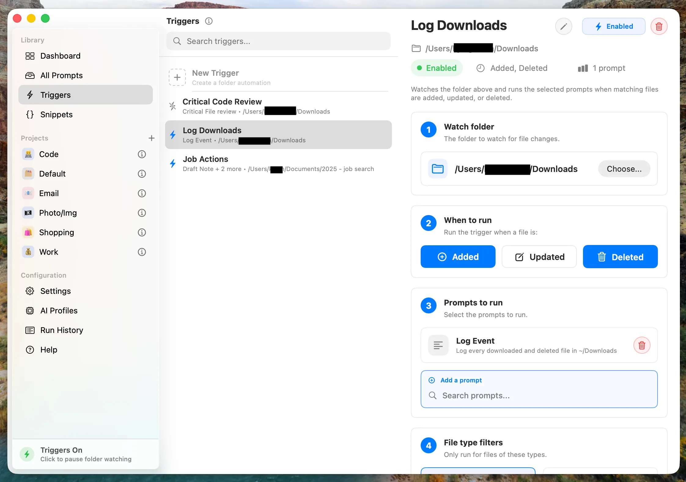 Triggers screen in the OtterPrompt app